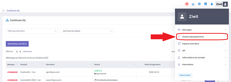 Supprimer la carte de paiement dans gestion des paiements